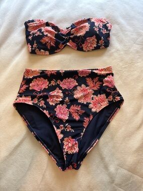 Old Navy Navy Bikini Set with Pink & Coral Floral Trim